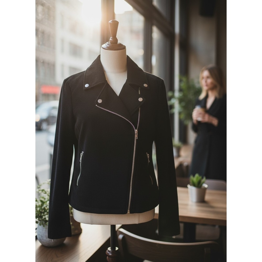 Forever 21 Black Moto Jacket L – Asymmetrical Zip, Lined, Modern Style